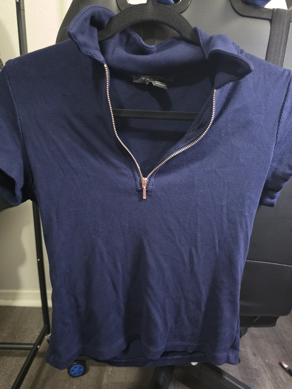 Tahari Navy Short-Sleeve Zip Polo